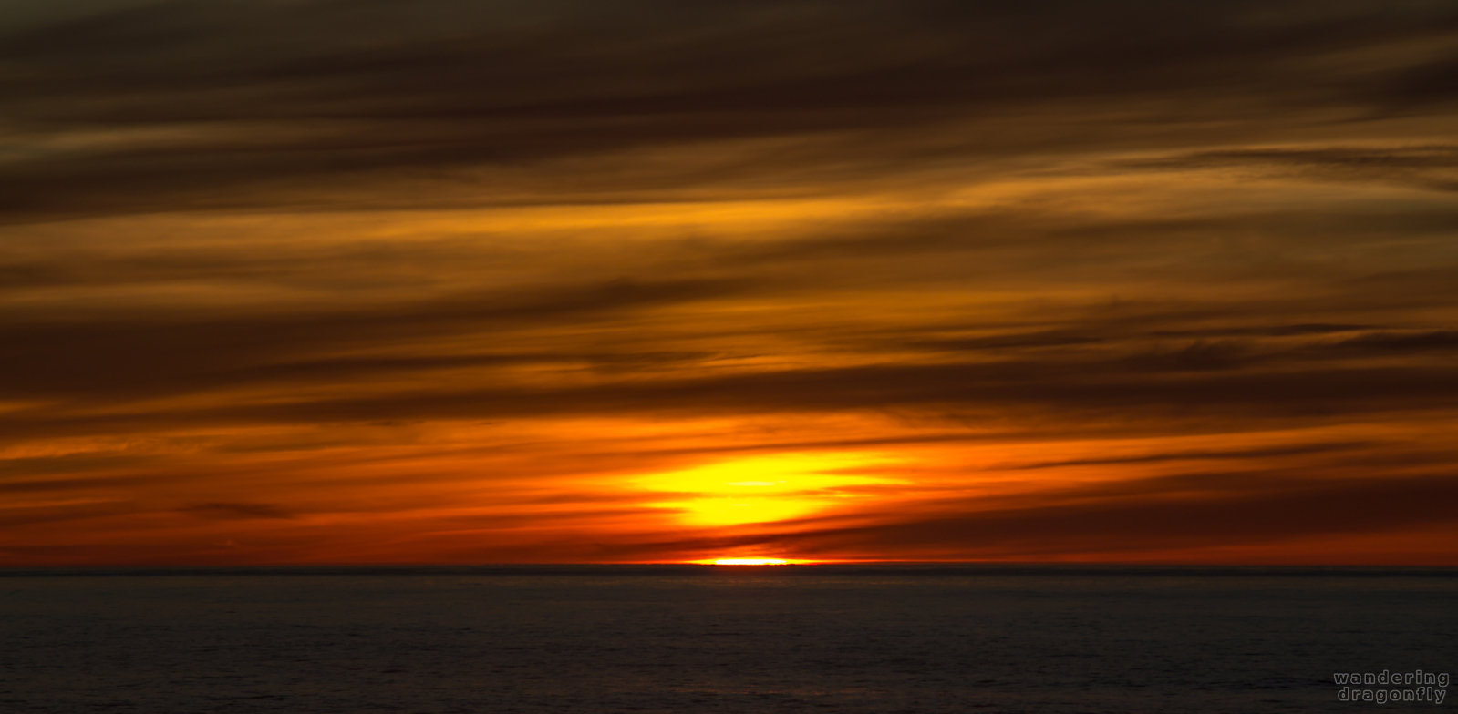 Fiery sun -- cloud, ocean, red, sun, sunset, water